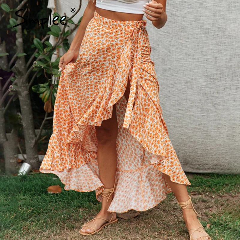 Simplee богемная Женская длинная юбка с цветочным принтом высокая талия шнуровка