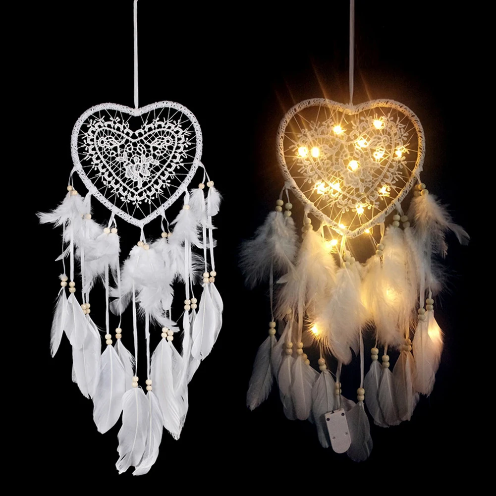 Dreamcatcher Heart Shape Handmade Feather Pendant LED String Light Dream Catcher Braided Wind Chimes Hanging Car Home Decoration | Дом и сад