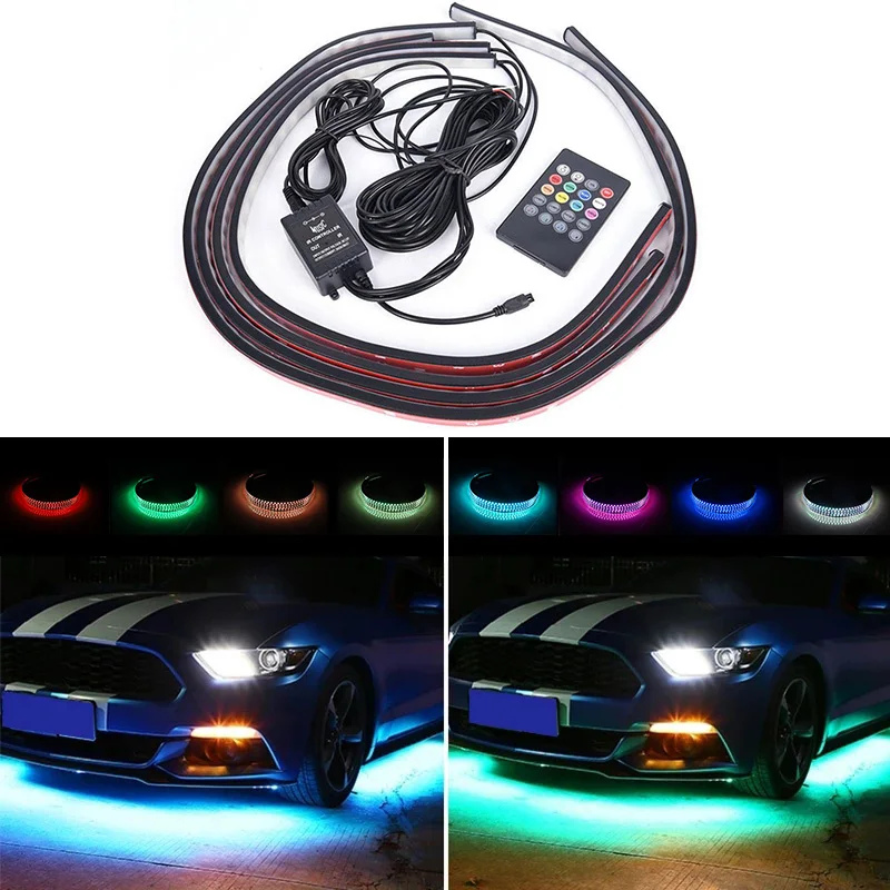 

4pcs RGB Wireless Remote Voice Control Led Neon Light Underglow Strip Decoration Atmosphere Lamp Auto Chassis Light For The Car