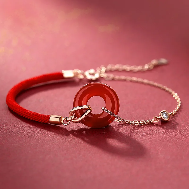 

2021 new red buckle bracelet female sterling silver retro red rope bracelet rose gold jewelry