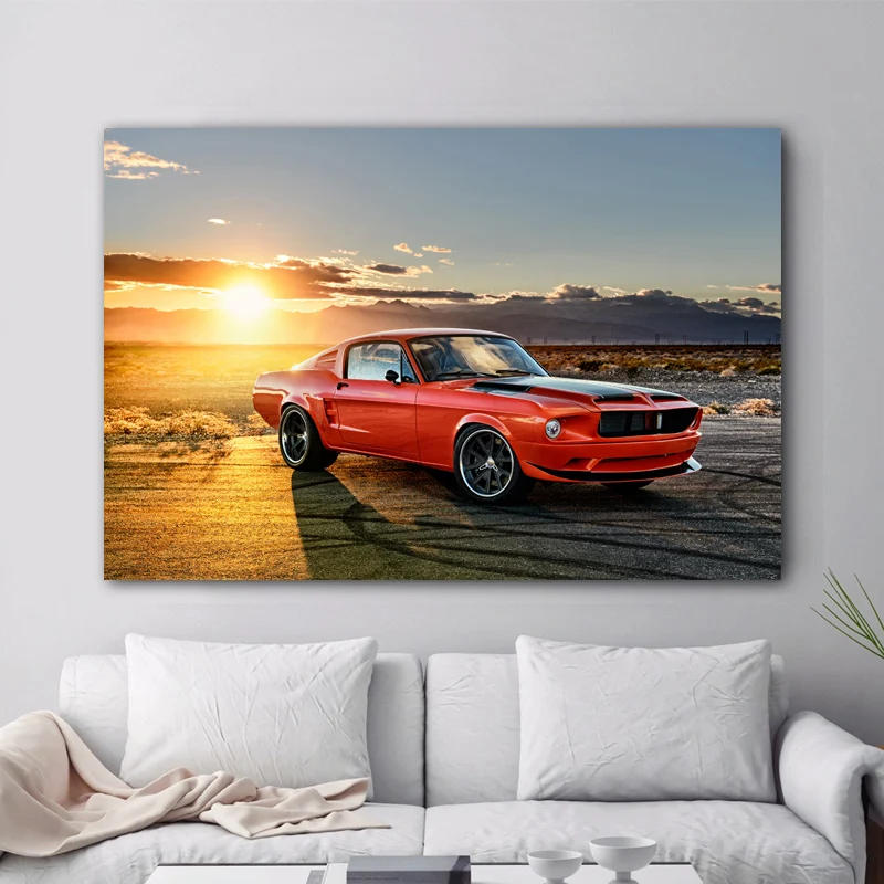 Закатом Форды Mustang 1968 красный автомобиль Винтаж суперкар холст настенные