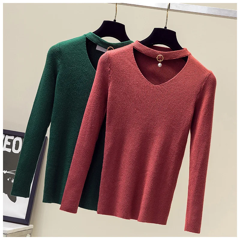 Autumn and winter plus fat large size women's V-neck pendant fashion sweater ladies slim long-sleeved bottoming shirt t Женская