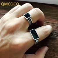 qmcoco silver color open adjustable ring for women retro rectangularsquare black stone trend handmade hip hop fashion ring