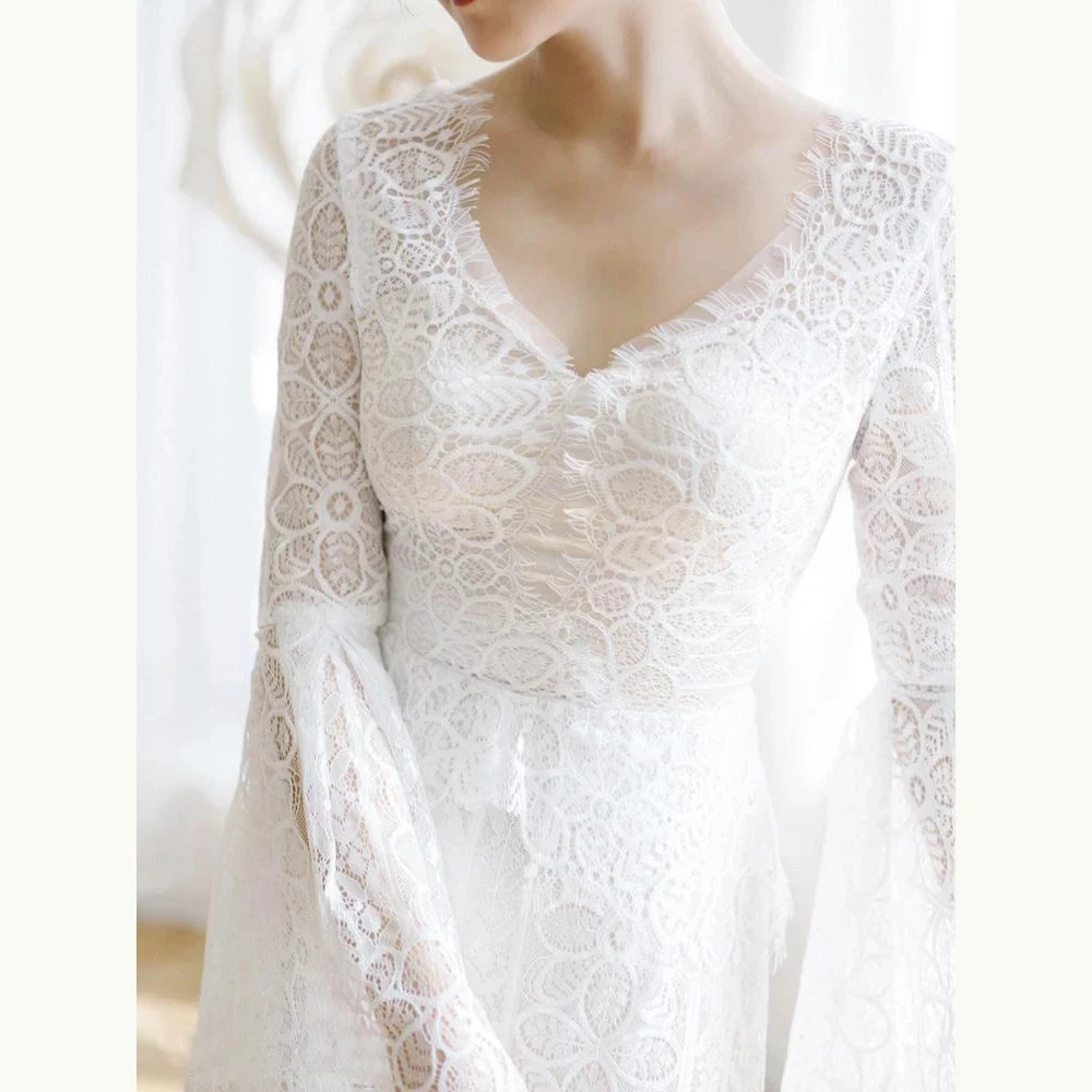 

Hot Sale Charming Lace Long Sleeve Bridal Wedding Gowns Corset Back Deep V Neckline Wedding Dresses for Bride Sweep Train