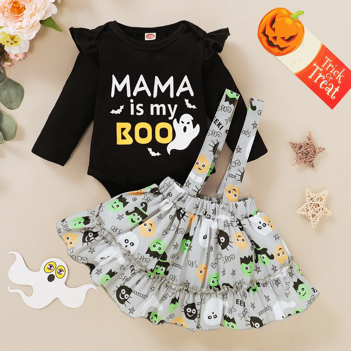 

Halloween Baby Girl Children Round Collar Romper Suit, Long Sleeve Orange Strap Dress, Autumn Clothing with Bow Headdress