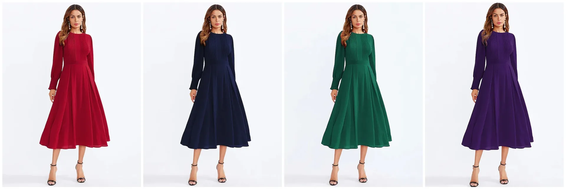 

Women's Elegant Frilled Long Sleeve Pleated Fit and Flare Dress