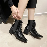 qzyerai new genuine leather thick heel women modern boots black winter ankle boots motorcycle botas pointed toe warm women shoes