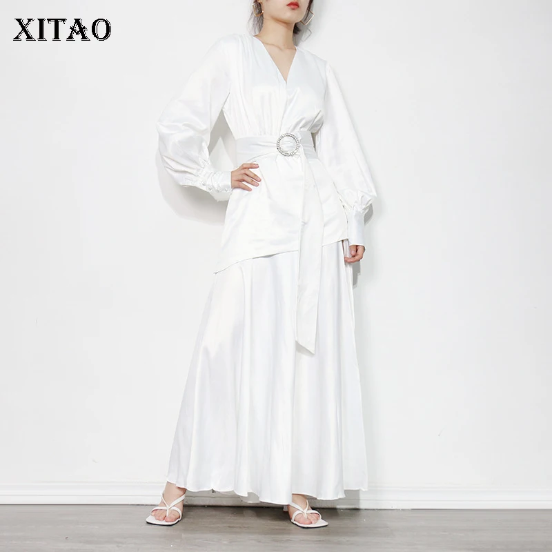 

XITAO White Dress Fashion New Women Pleated Plus Size Pleated Goddess Fan Casual Style Bandage Minority Loose Dress GWJ0971
