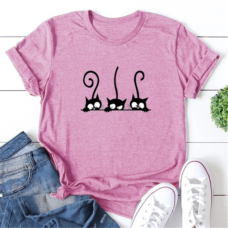 

Tshirt Women Cute Cats Print Graphic Tee Kawaii Clothes Cartoon Female Tops Summer Streetwear Aesthetic Girls Short Sleeve Shirt