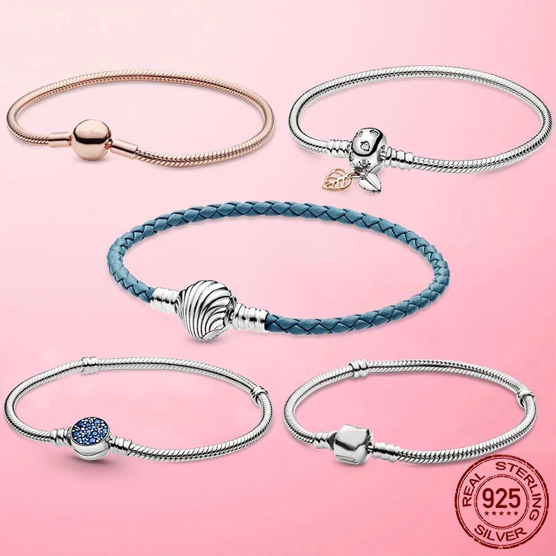 

New s925 Sterling Silver Seashell Clasp Turquoise Braided Leather Bracelet For Women Fashion DIY fine Jewelry Valentine Day gift