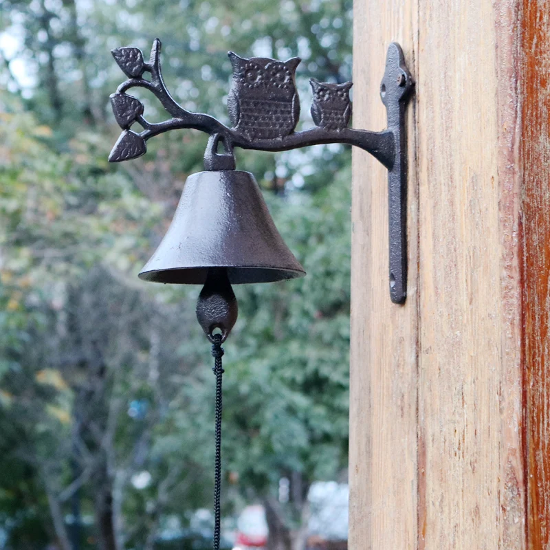 Black Mother Baby Owls On Branch Cast Iron Wall Bell European Home Garden Decor Antique Hand Cranking Iron Welcome Door Bell