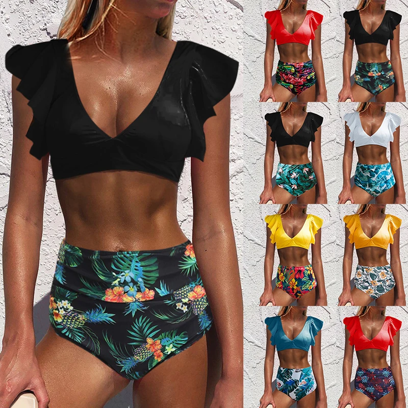 Новинка 2020 бикини с цветочным рисунком комплект оборками женский купальник из