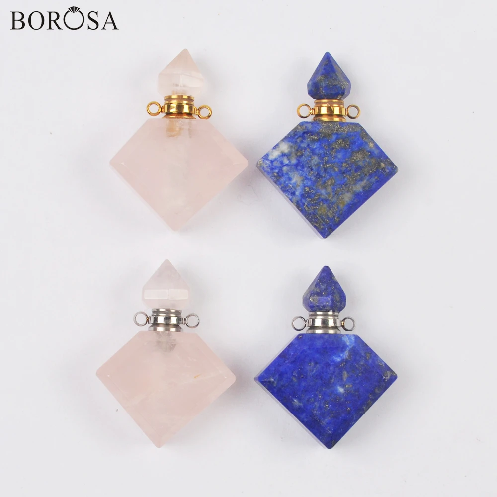 

Gold Rhombus Lapis Crystal Perfume Bottle Pendant Necklace Diffuser Silver Plated Gems Stone Perfume Diffuser Necklaces WX1758