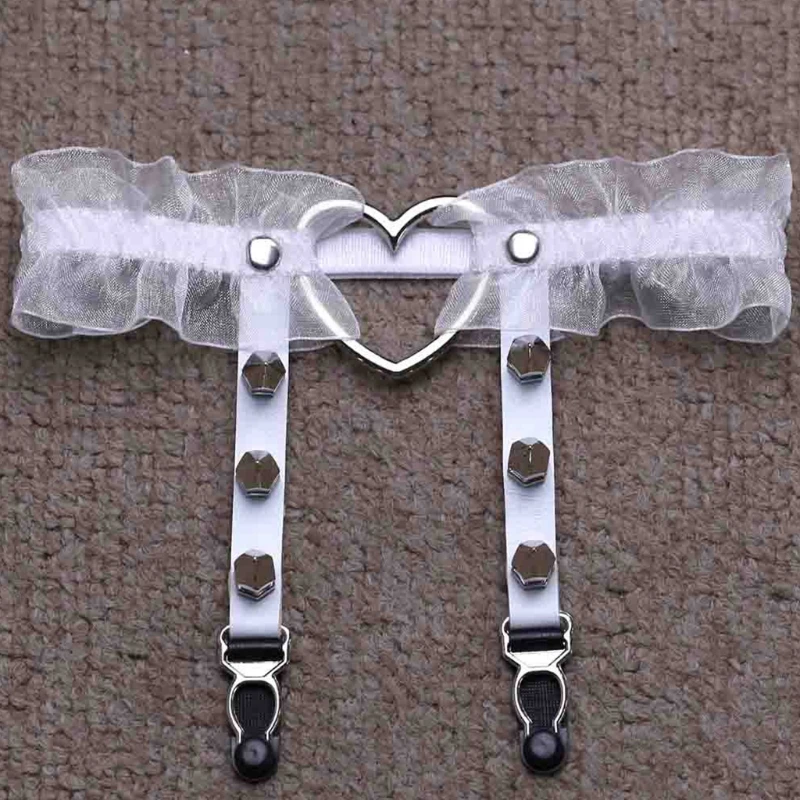 

Women Sexy Lace Thigh Ring Garter Belt Gothic Punk Rock Harajuku Stud Heart-Shaped Elastic Leg Loop with Clips