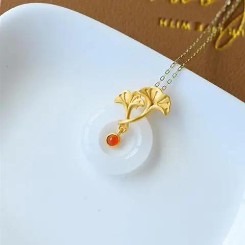 

Natural Hetian White Jade Safeness Ring Inlaid S925 Sterling Silver Ancient Thick Gold Ginkgo Leaf Gilding Craft Pendant