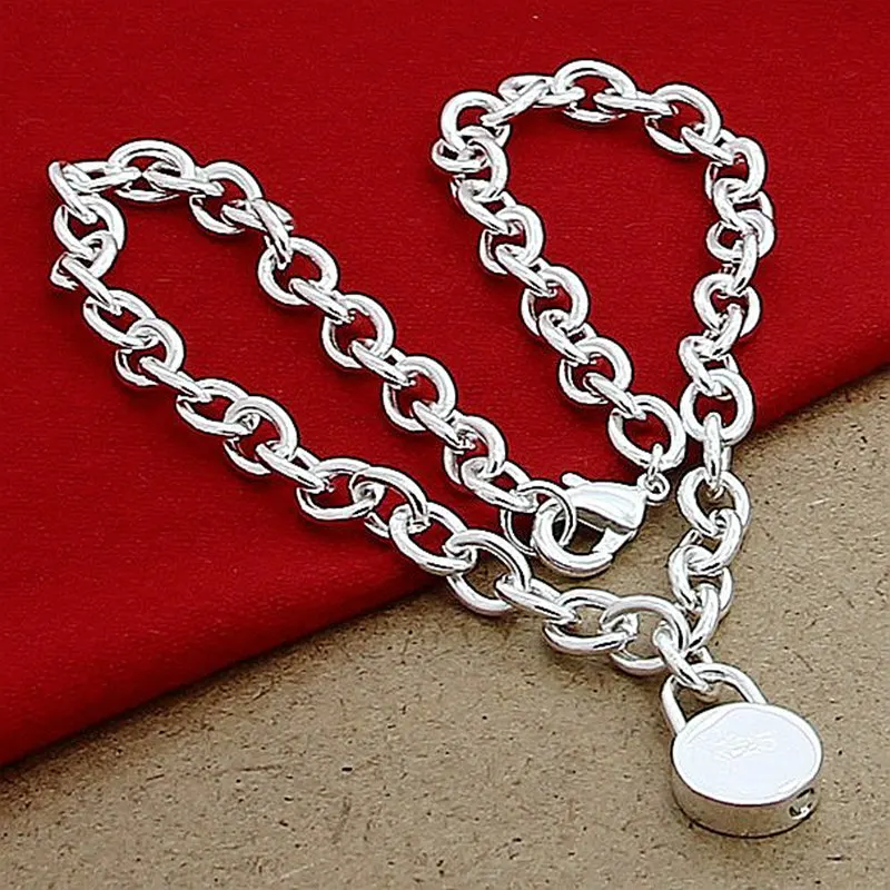

925 Sterling Silver Round Lock Pendant Necklace 18" Chain For Women Wedding Engagement Fashion Jewelry