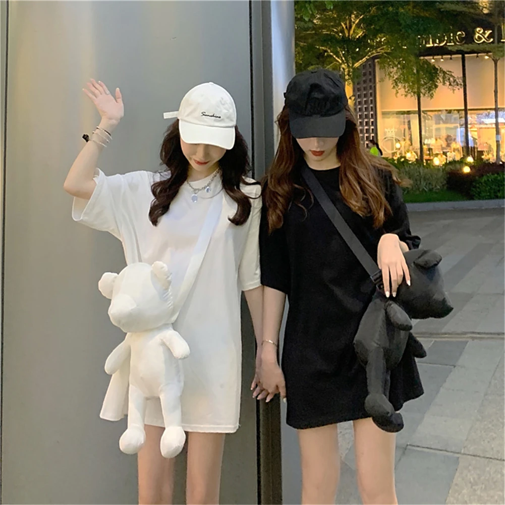 

Hot Summer Solid Color Loose Casual T-Shirt Round Neck Short Sleeve Tops With Bear Decor For Girlfriends Couples White Black 2XL
