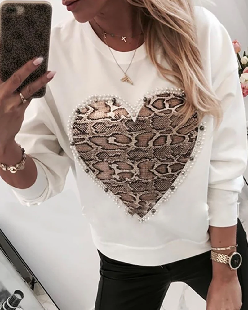 Women Sequins Lips Print Fashionable Sweatshirt Autumn Leopard Long Sleeve Beading Hoodie Lady O-neck Kawaii Sweatshirt Hoodies