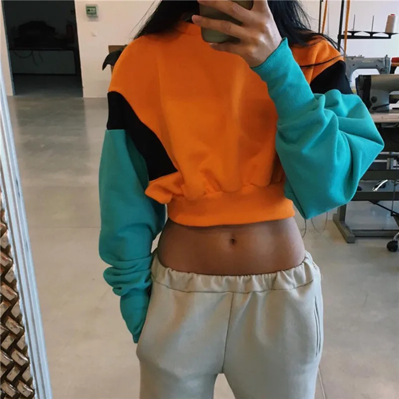 

Fashion Women Sweatshirt 2021 Hoodies Patchwork Crop Hoodie Long Sleeve Jumper Hooded Pullover Coat Casual Sweatshirt Top