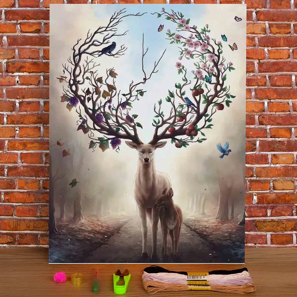 

Christmas Elk Printed 11CT Cross Stitch Embroidery Kit DMC Threads Handmade Craft Handiwork Knitting Room Decor Gift