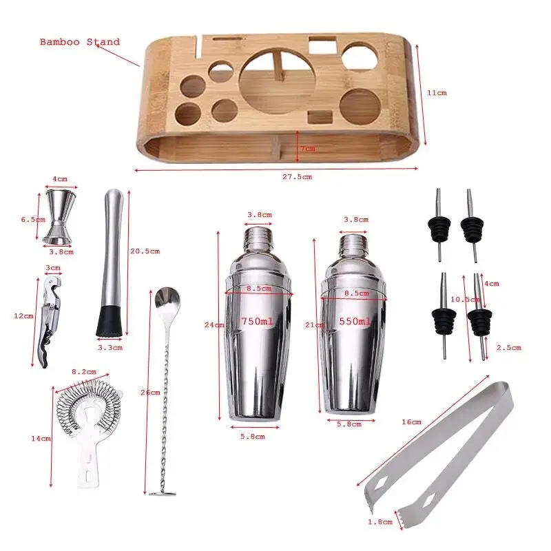 

750ml Stainless Steel Bar Cocktail Shaker Set Barware Tools Shaker Sets with Wooden Rack
