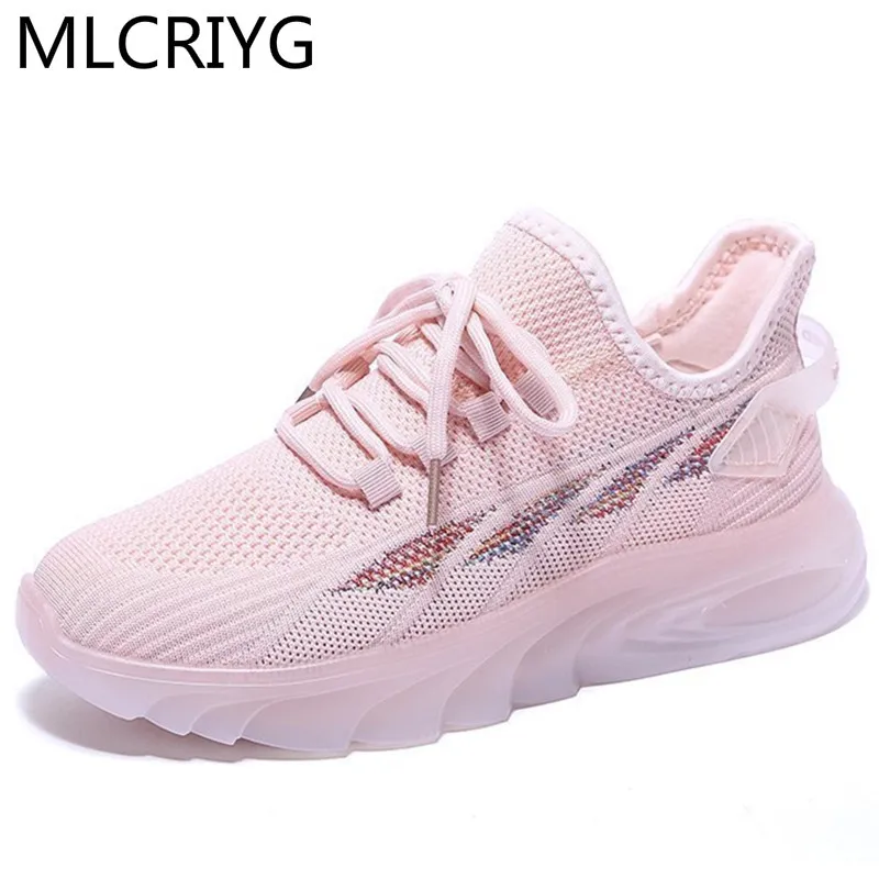 

Женские кроссовки на плоской платформе, дышащие удобные вязаные кроссовки на шнуровке, повседневная обувь на осень 2021