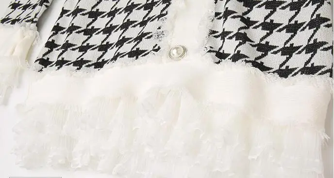 

Vintage Houndstooth Dress Ladies Runway Mesh Patchwork Knitted Dress Autumn Fashion Long Sleeve Sweater Dresses Women Elegant