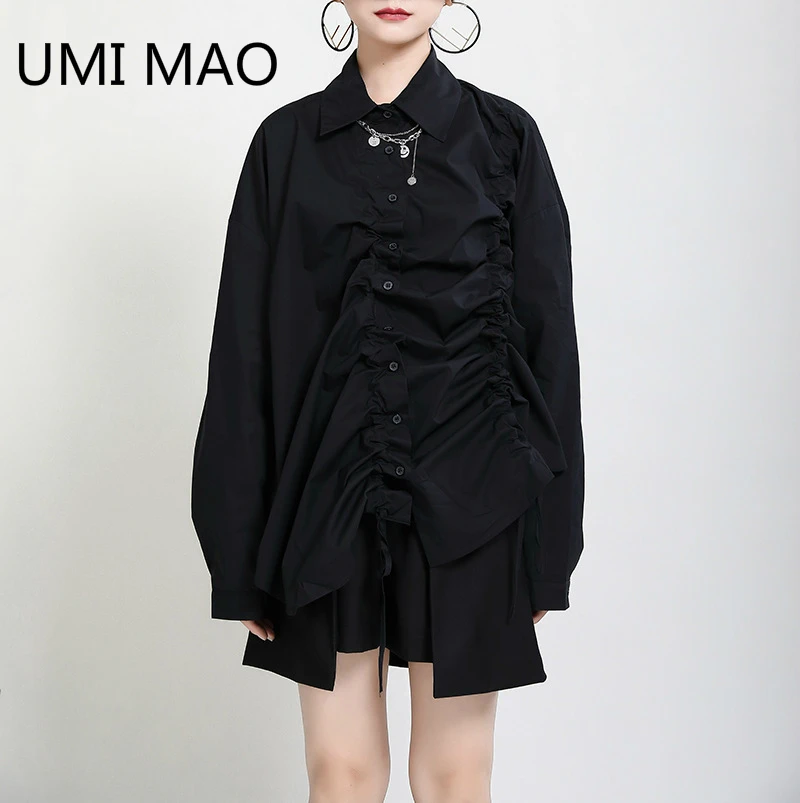 

UMI MAO 2021 Autumn Winter New Long-sleeved Shirts Multiple Wear\ Dark Loose Asymmetric Japanese Drawstring Shirts Women