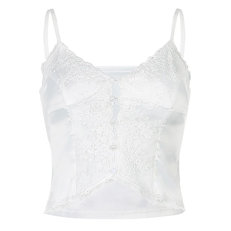 

Lace Hollow Out Sexy Tops Women Low Cut Camis Button Up Y2K Aesthetic Crop Tank Top Casual Night Club Spaghetti Straps