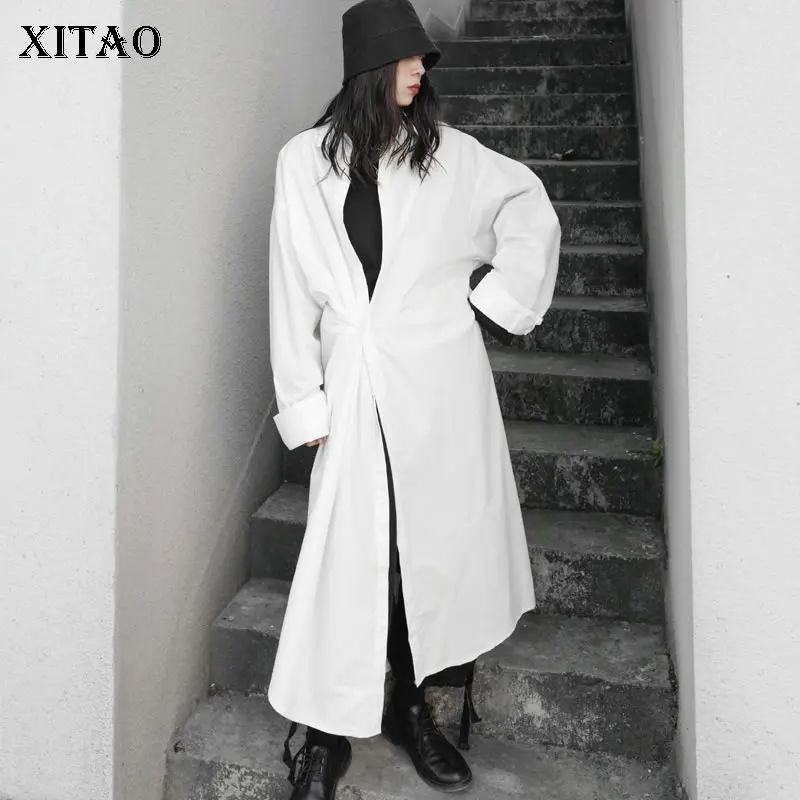 

XITAO новое платье-рубашка повседневное длинное однотонное черное свободное платье большого размера модное простое женское универсальное пл...