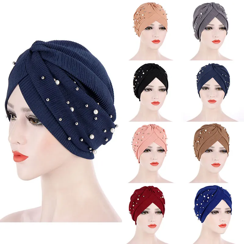 

Muslim Women Ruffle Velvet Bead turban Hat Scarf Banadans Cancer Chemo Beanie caps Headwear Headwrap Ladies Hair Accessories
