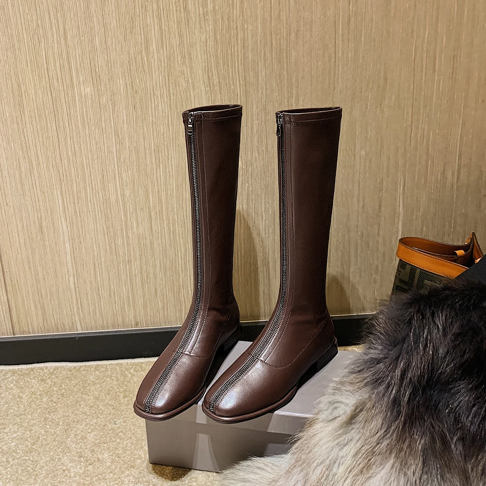 

kickway Pu leather womens stretch knee high boots square toe black brown beige flat boots for women large sizes womens shoes 43