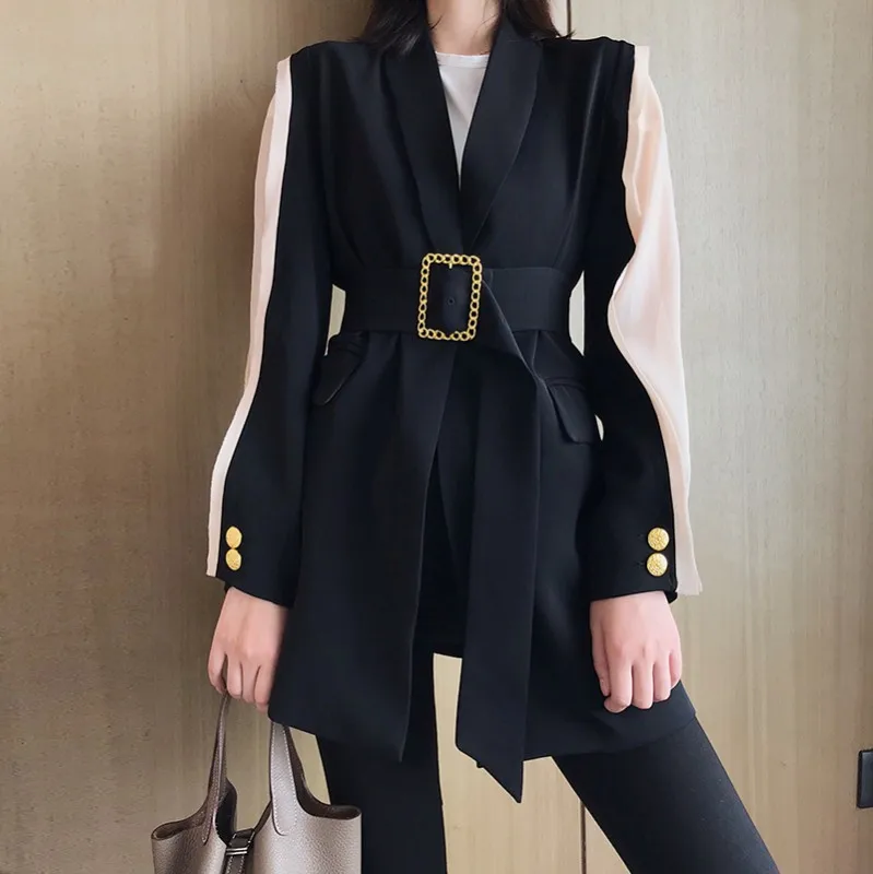 

NEW 2021 Elegant Women's Blazer Patchwork Long Sleeve Tunic With Belt Waisted Autumn Long Blazers Female 2019 Fashion Clothing