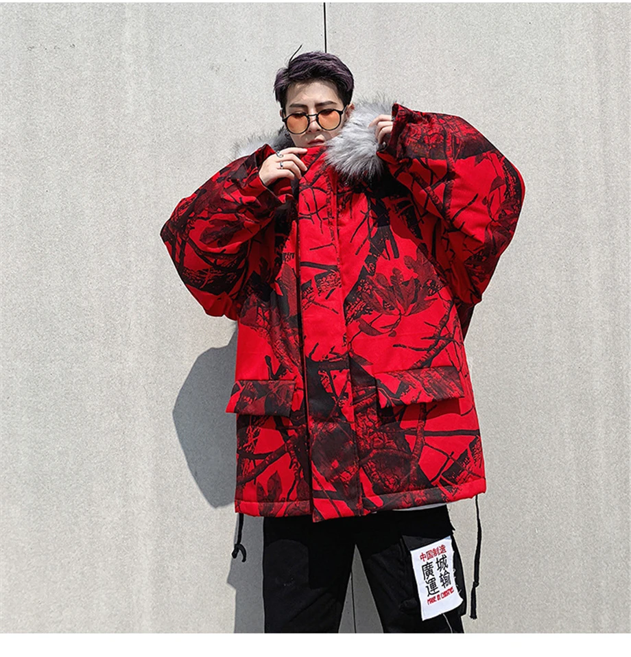 Winter Hip Hop Parkas Men Camouflage Jackets Fur Collar Hooded Thick Windbreaker Coats Outwear Streetwear Plus Size HZ158