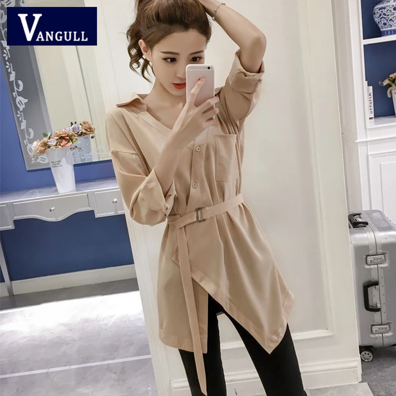 

Vangull Women Chiffon Shirts Solid Long V-neck Plus Size Women Blouse Spring Summer New Adjustable Sashes Long Sleeve Loose Tops