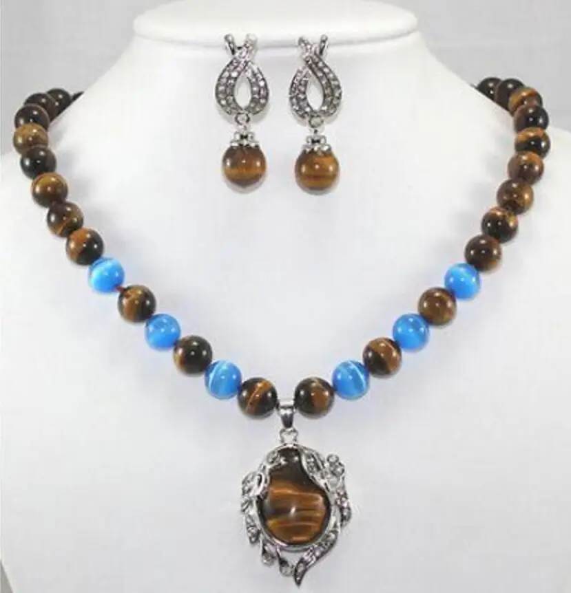 

new hot Tiger's Eye/Tiger eye pendant necklace Earring Set 18''Crystal Healing Chatoyant