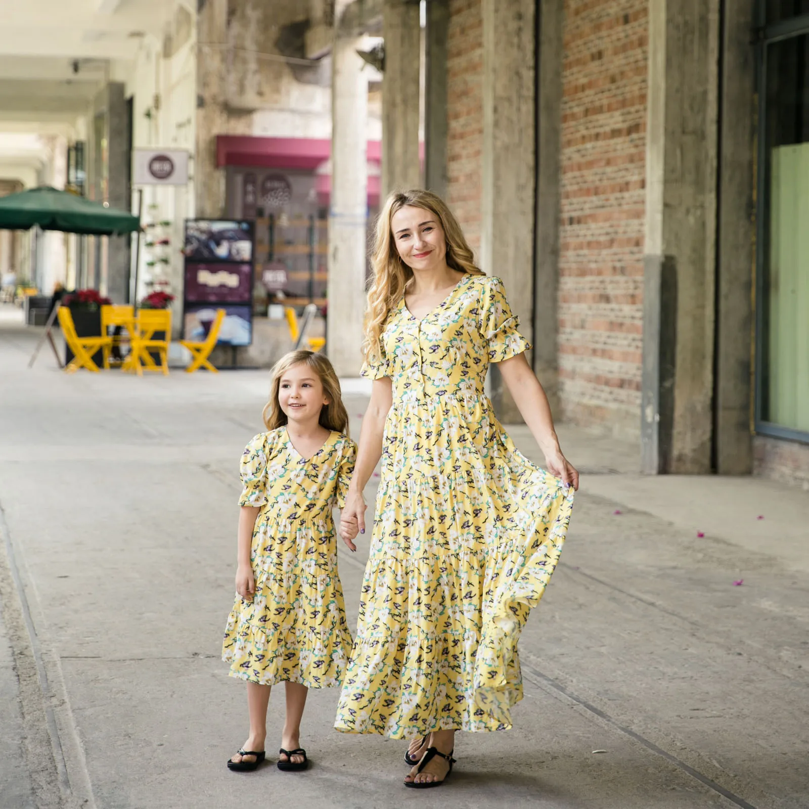 PatPat Stylish Floral Printed Long Sleeve Dress in Yellow for Mom and Me Spring Autumn Print Casual | Мать и ребенок