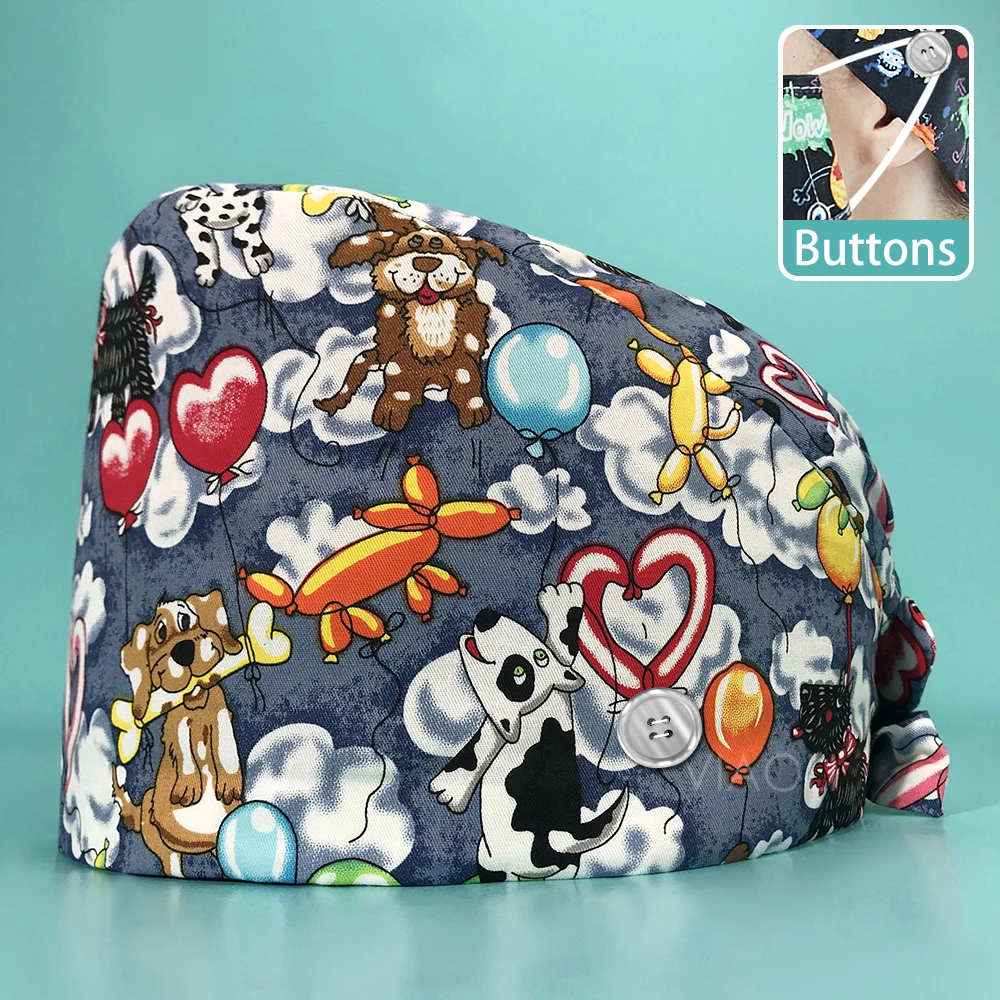 

Adjustable laboratory scrubs caps Fashion Print Scrub Hat Cotton Nurse Cap Bandage Men Women Surgical Hat Cap pet Dust-Proof Cap