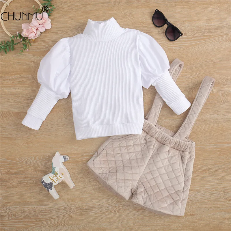 

Girls Clothing Sets New Spring Long Sleeve Knitted Top + Plaid Starp Shorts 2Pcs for Kids Clothing Sets Baby Clothes Outfits