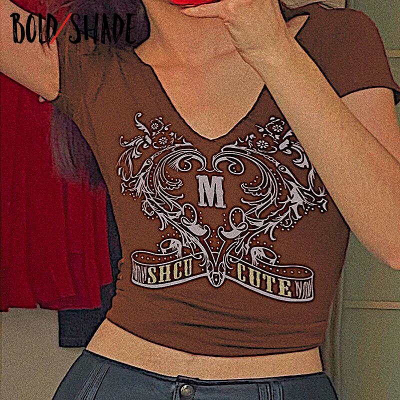 

Bold Shade Fairy Grunge Goblincore Tee Shirts V-neck Letter Wing Print Short Sleeve Crop Tops y2k Indie Vintage Slim Women Top