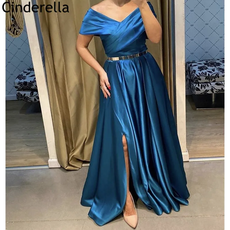 

Prom Dresses Off The Shoulder A-Line Floor Length Side Slit Satin Pleated Women Prom Dresses Side Slit Party Gown For Prom