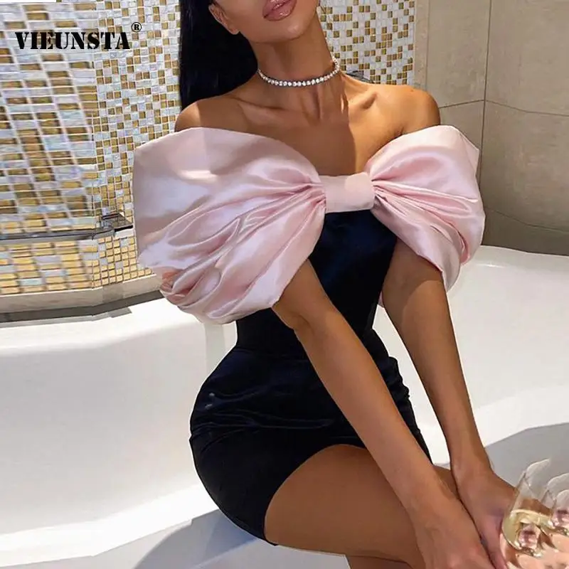 

Милое шикарное вечернее платье с бантом и открытыми плечами для девочек, летнее сексуальное мини-платье с вырезом лодочкой и открытой спино...