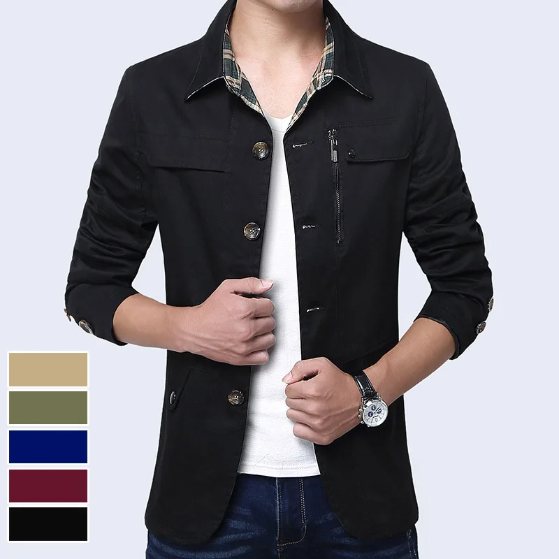 Мужская хлопковая куртка на весну и осень однотонная Простая Повседневная