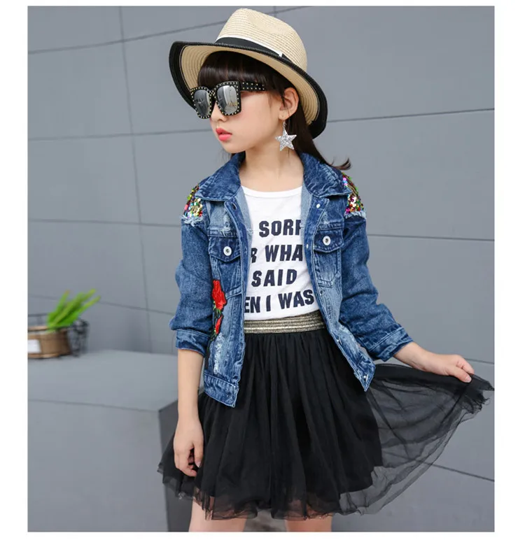 Джинсовая куртка для девочек верхняя одежда с блестками девочек-подростков