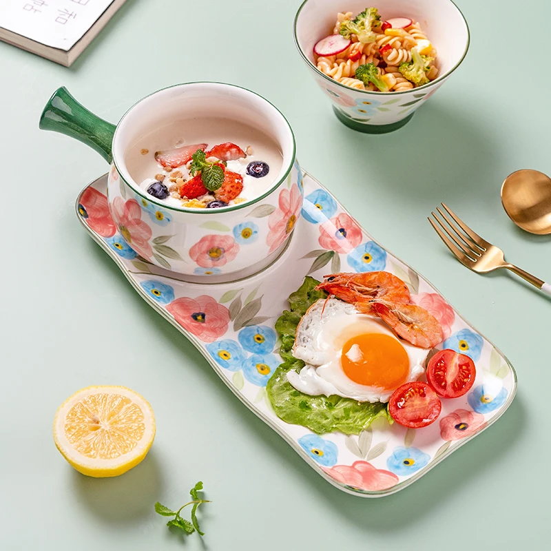 

Flowers Ceramic Tableware Set Children Breakfast Plate Dessert Salad Dish Soup Bowl Kitchen Dinnerware Set