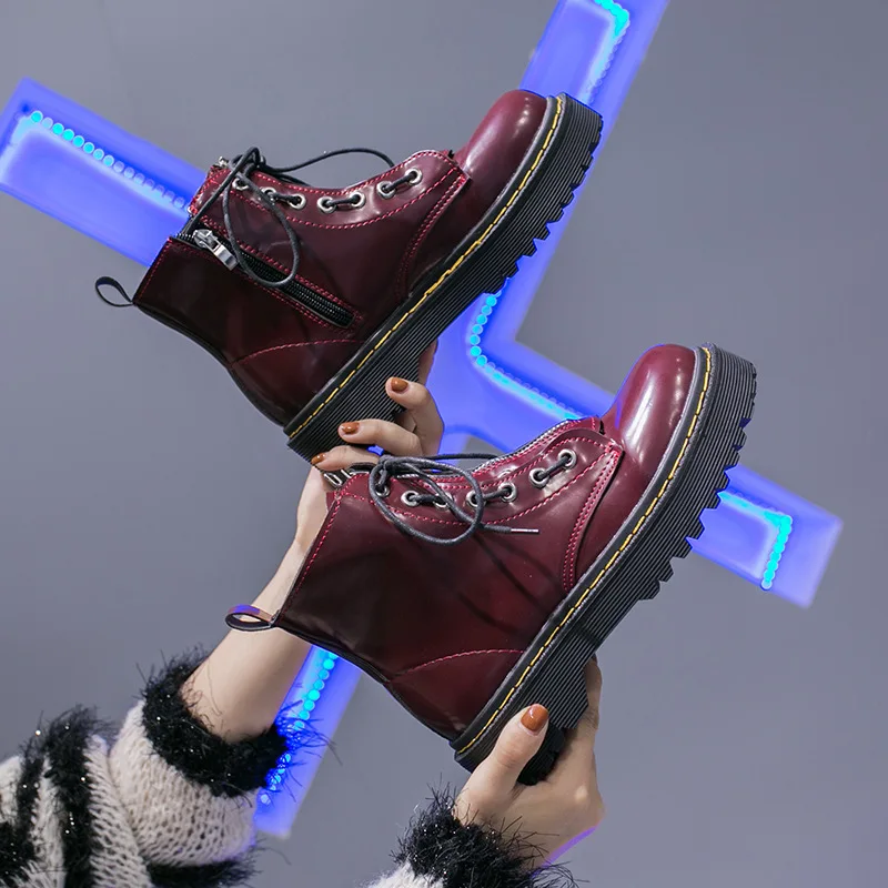 Женские ботильоны ботинки на плоской платформе со шнуровкой женская обувь сезон