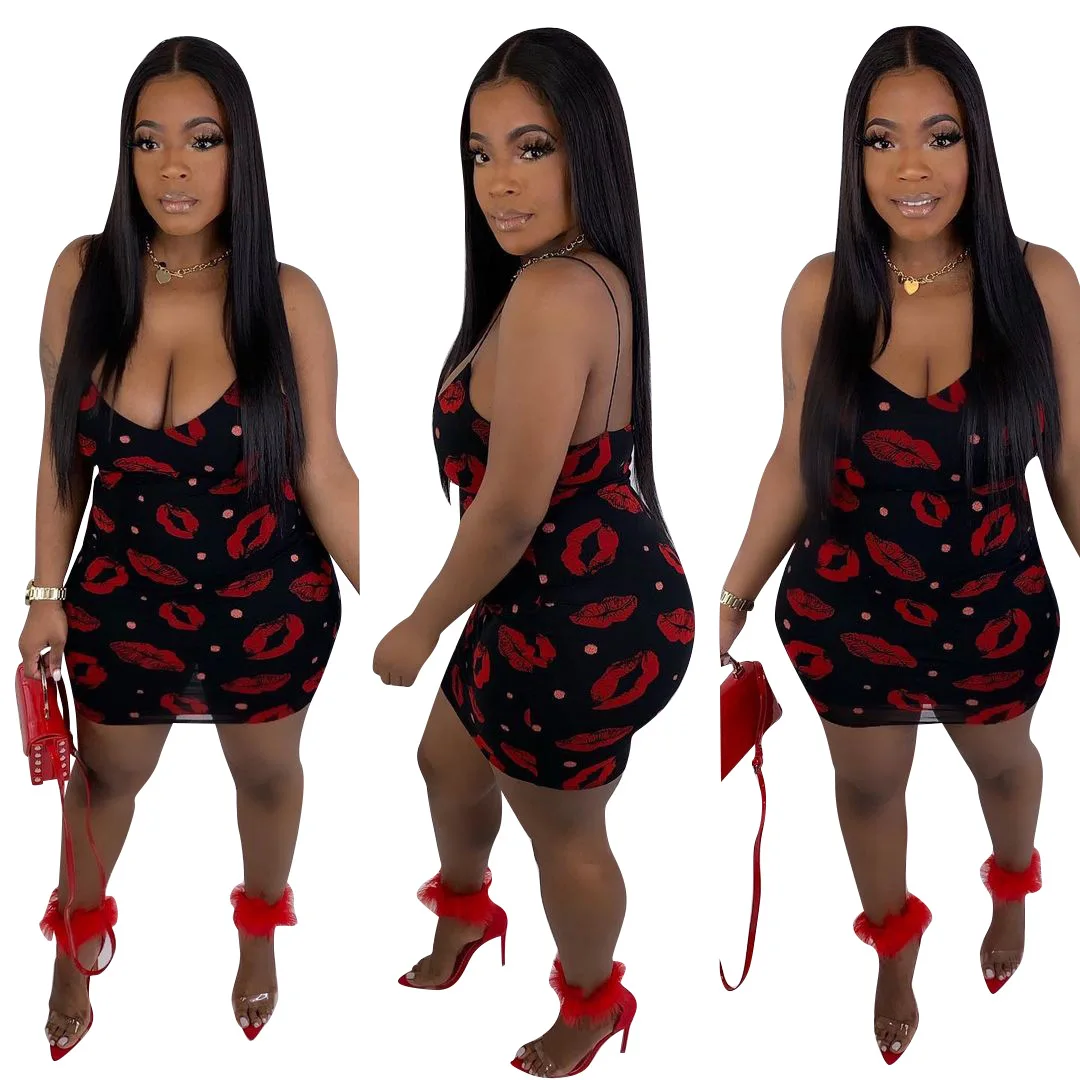 

Summer 2021 New Women Sexy Allure Red Lips Sleeveless Backless Spaghetti Strap Print Bodycon Dress