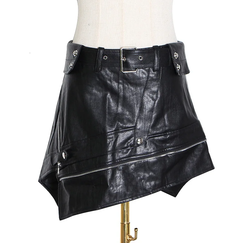 

New fashion motorcycle wind belt zipper decoration pu leather high waist irregular Joker fashion skirt women