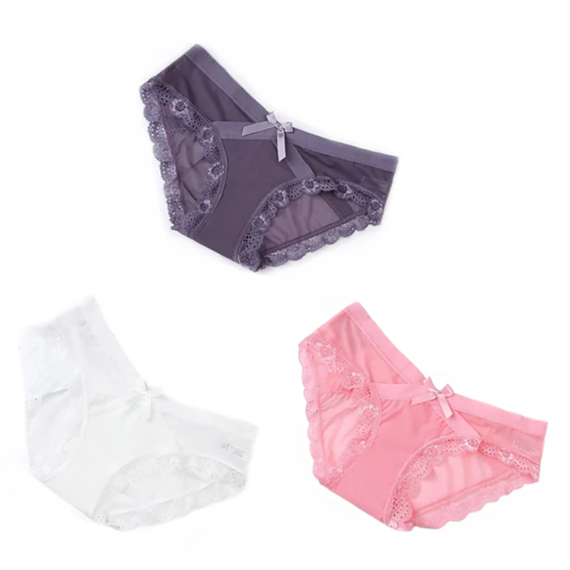 Pink Gray White 3 шт./компл. сексуальные кружевные женские трусики хлопковые белье прозрачные сетчатые трусы для девушек Красота лук с низкой посадкой, мужское нежнее бельё - Цвет: Pink Gray White