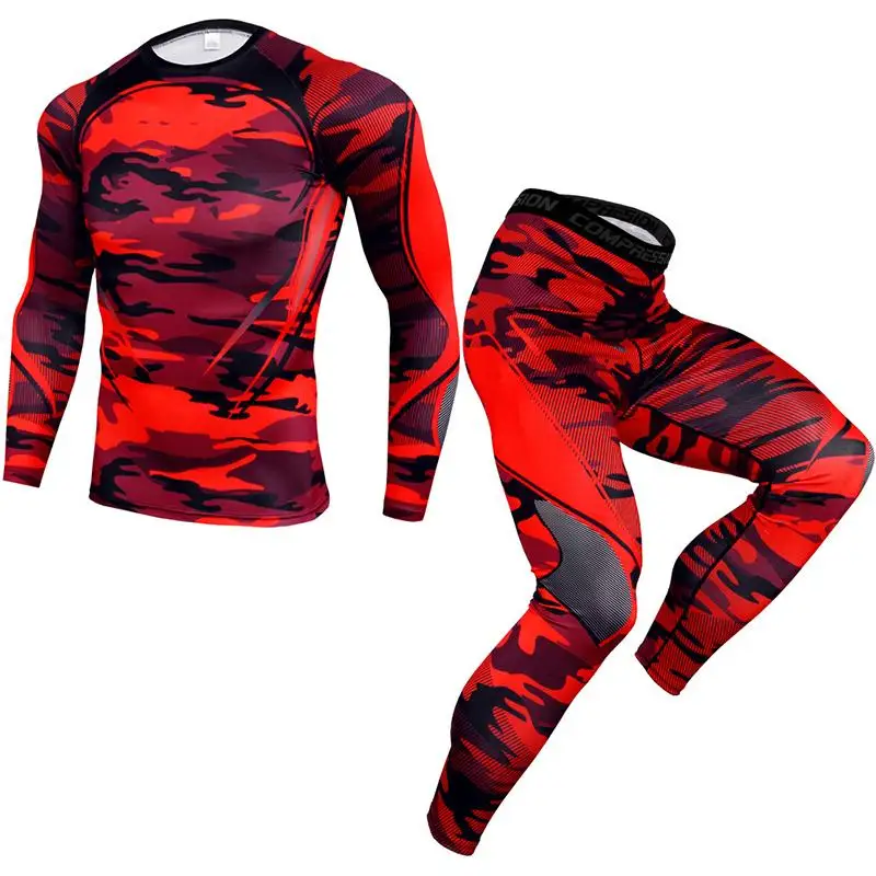 

Winter Tight Tactical Thermal Underwear Men Outdoor Sports Round Neck Red Camo Split Joint Men's Thermal Underwear Set